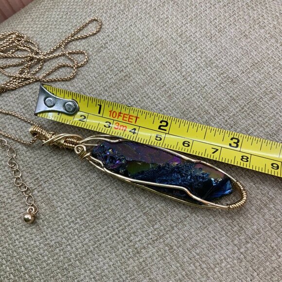 Rainbow Quartz Crystal Gold Tone Wire Wrapped Pendant Long Chain Necklace - Picture 6 of 7
